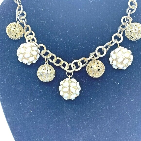 RJ Graziano Gold & White Disco Ball Chainlink Statement Necklace Signed - Picture 5 of 8